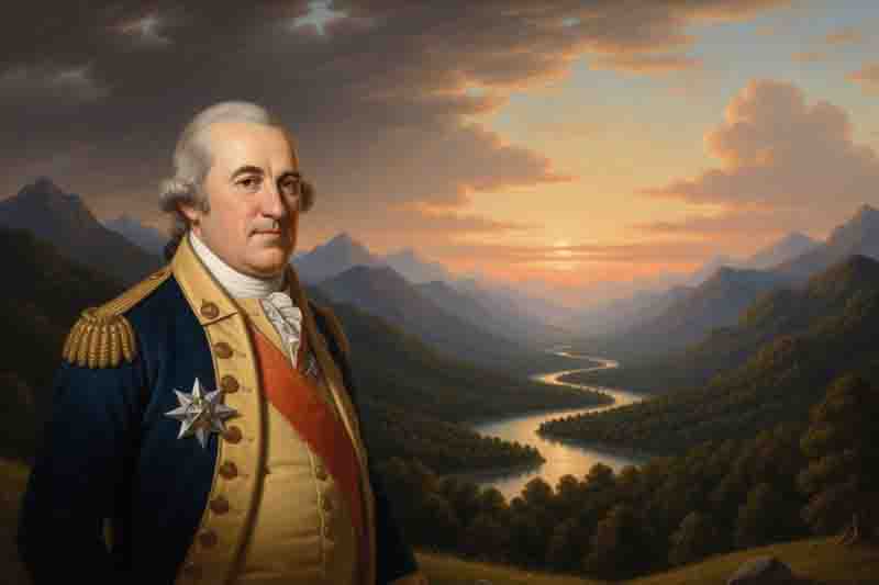 Portrait of Major General Baron Friedrich Wilhelm von Steuben in Continental Army uniform, circa 1780, showing the Cross of the Order of Fidelity on his jacket, standing on a ridge overlooking a valley with mountains.