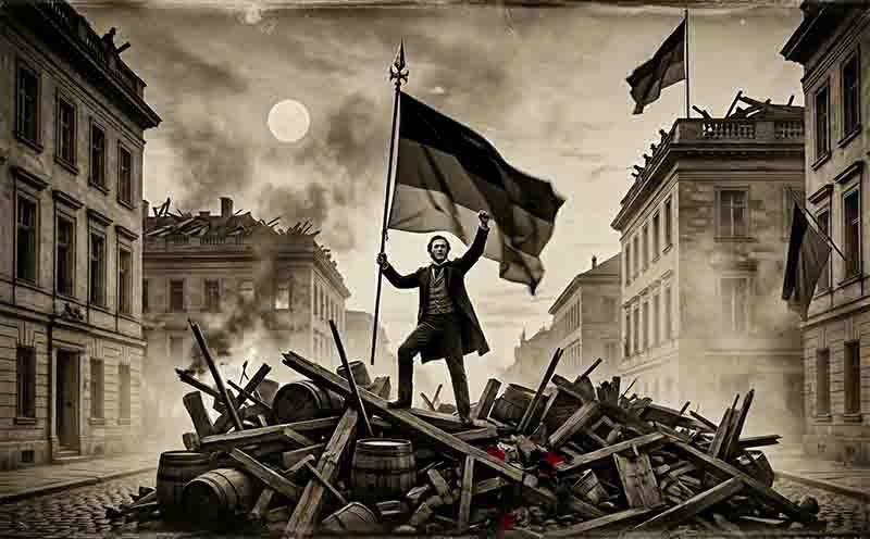 A sepia-toned, cinematic digital illustration depicting a scene from the 1848 Revolutions in Germany. In the center, a man in 19th-century attire stands triumphantly atop a makeshift barricade constructed from wooden beams, barrels, and debris.